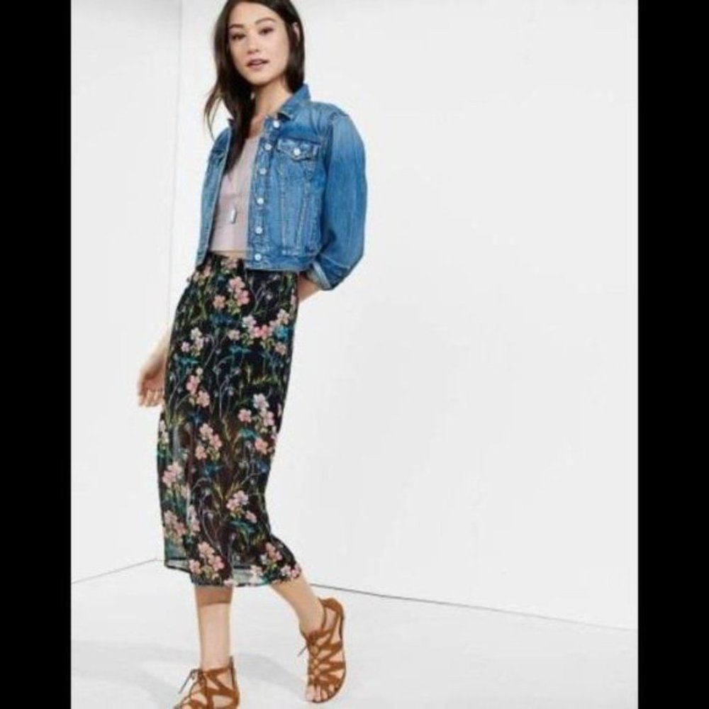Express Garden Floral Front Slit Midi Skirt L